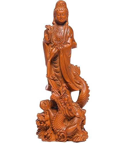 Amazon｜騎龍観音 龍乗観音 龍観音 置物 12cm 天然木製(柘植ツゲ) 木彫